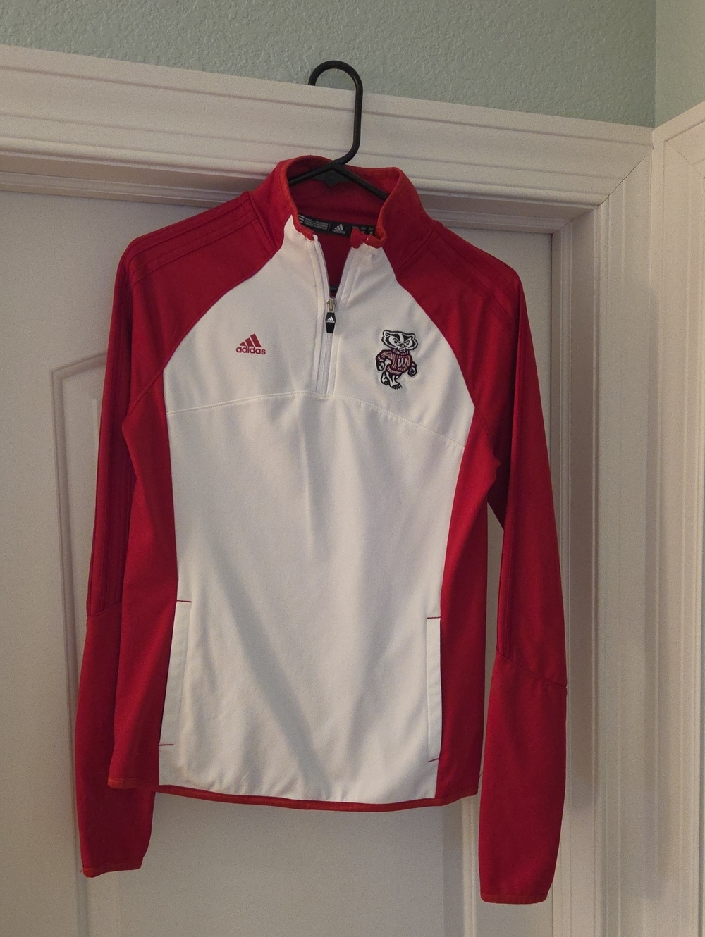 Adidas Women's Red and White Badgers Quarter-Zip Pullover